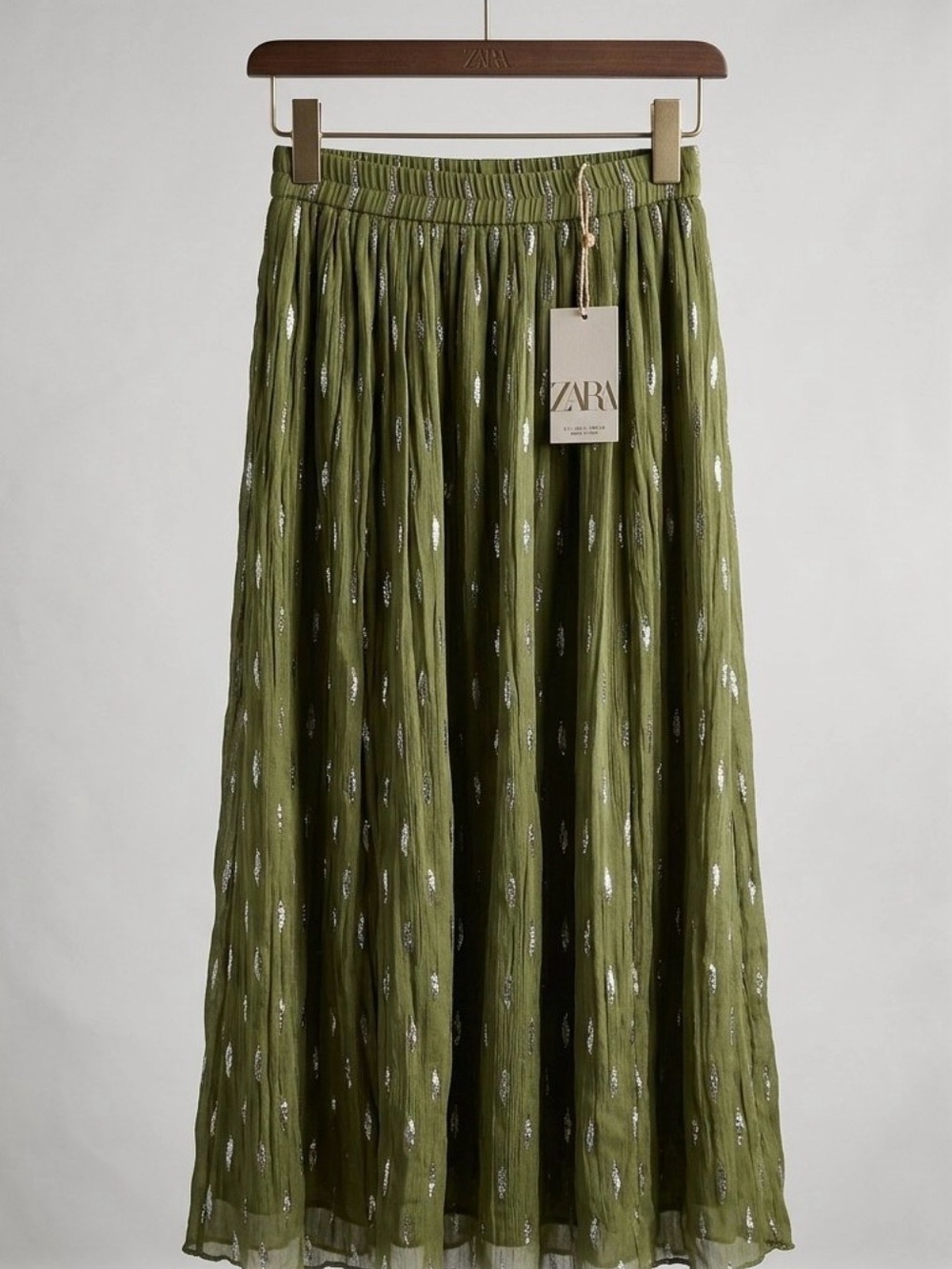 Zara Boho Olive Green Metallic Thread Maxi Skirt - Size S - NWT #549